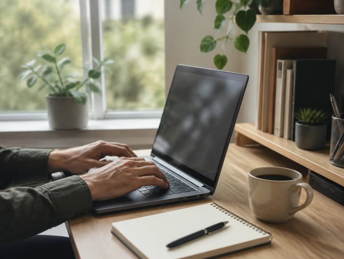 Hands typing on a laptop at a tidy small home desk by a window.