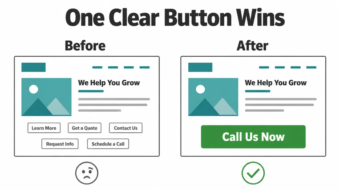 A before and after comparison: five competing buttons versus one clear call us now button.