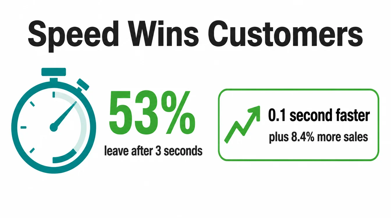 A stopwatch graphic showing 53% of visitors leave after 3 seconds, next to a sales lift stat.