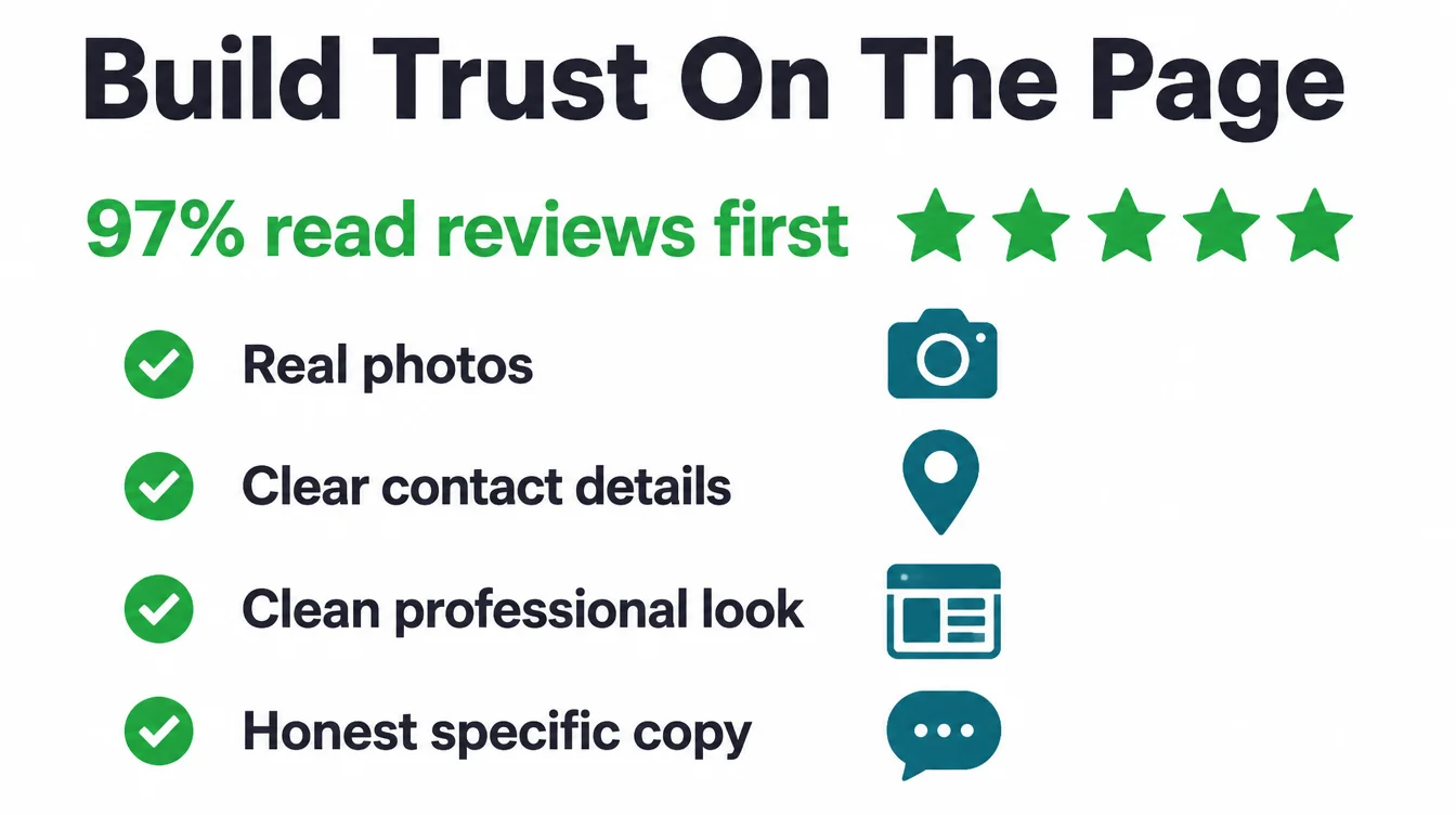 A checklist of trust signals: real photos, contact details, a clean look, and honest copy.