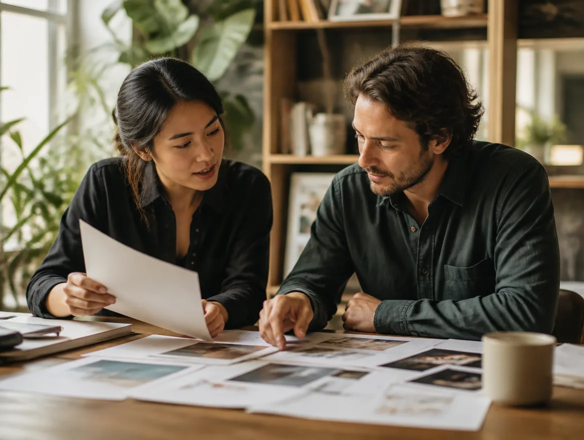 Two people at a table reviewing printed pages together while planning a project.