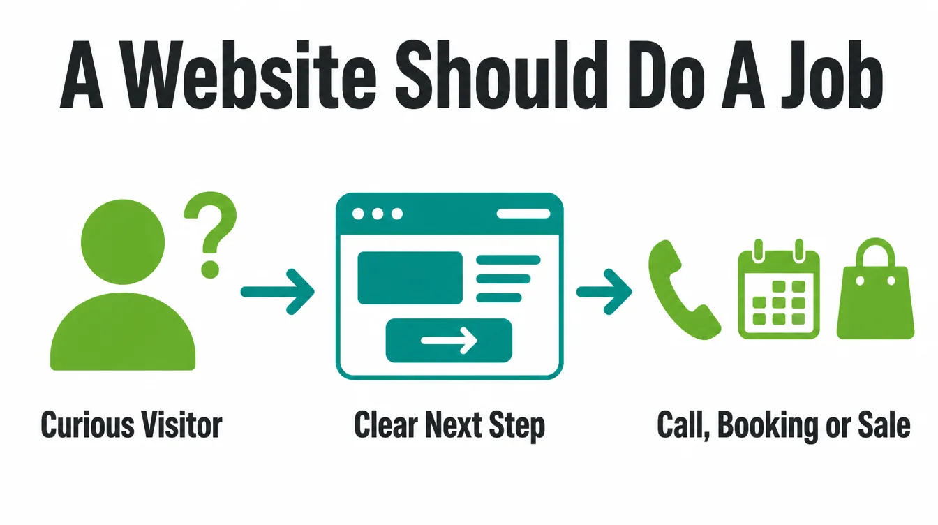 A three step diagram: curious visitor, clear next step, then call, booking or sale.