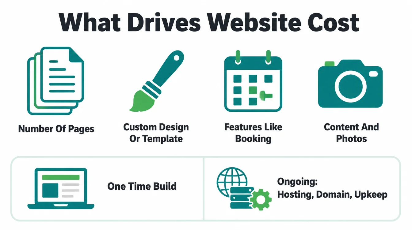 Four cost drivers: pages, design, features, and content, plus one time versus ongoing costs.