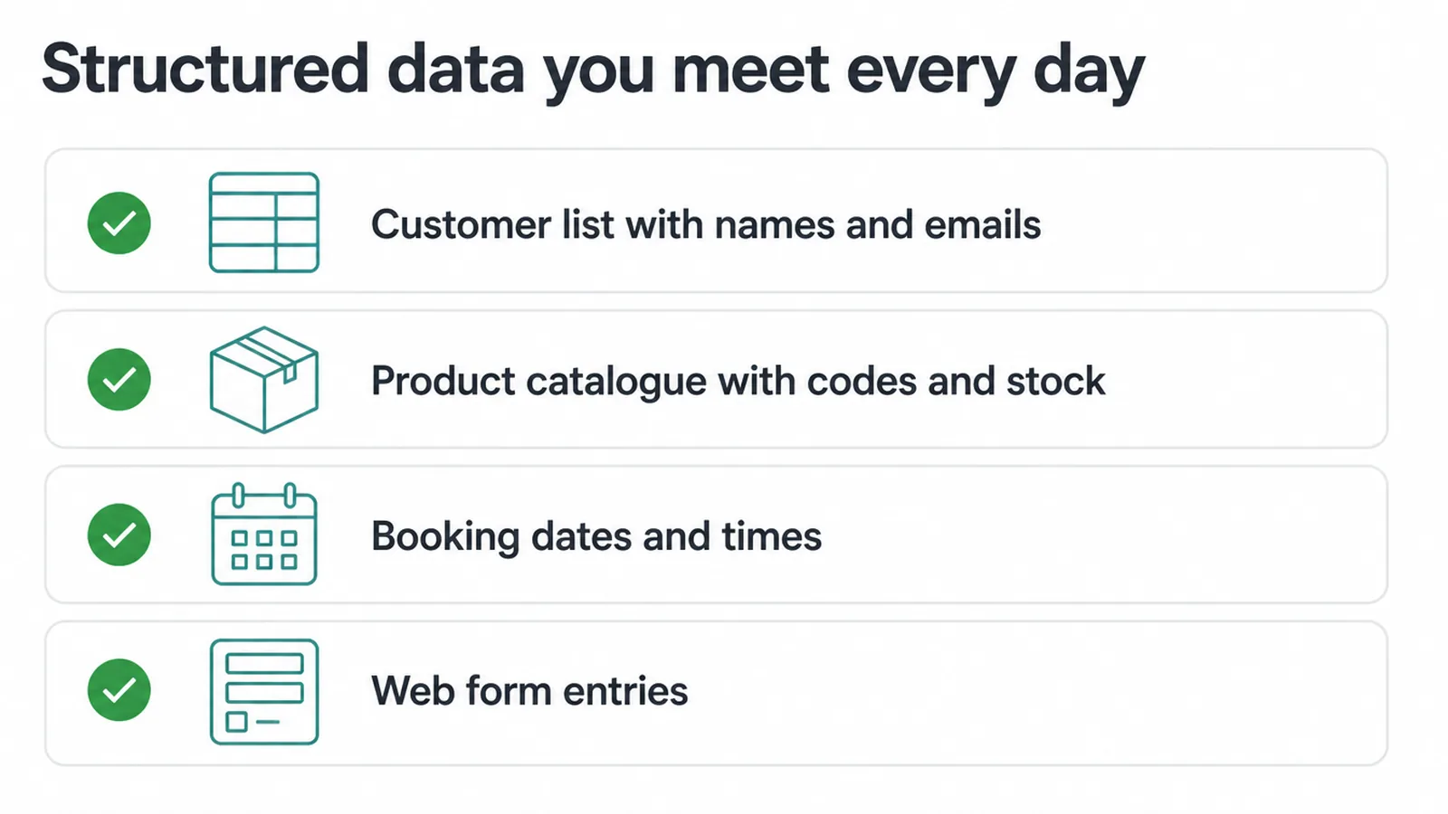 Checklist of four everyday structured data examples, from customer lists to web form entries.
