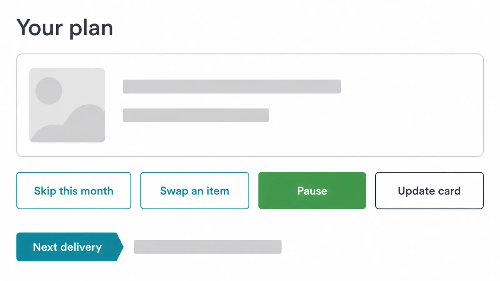 Plan management screen with options to skip a month, swap an item, pause, or update a card.