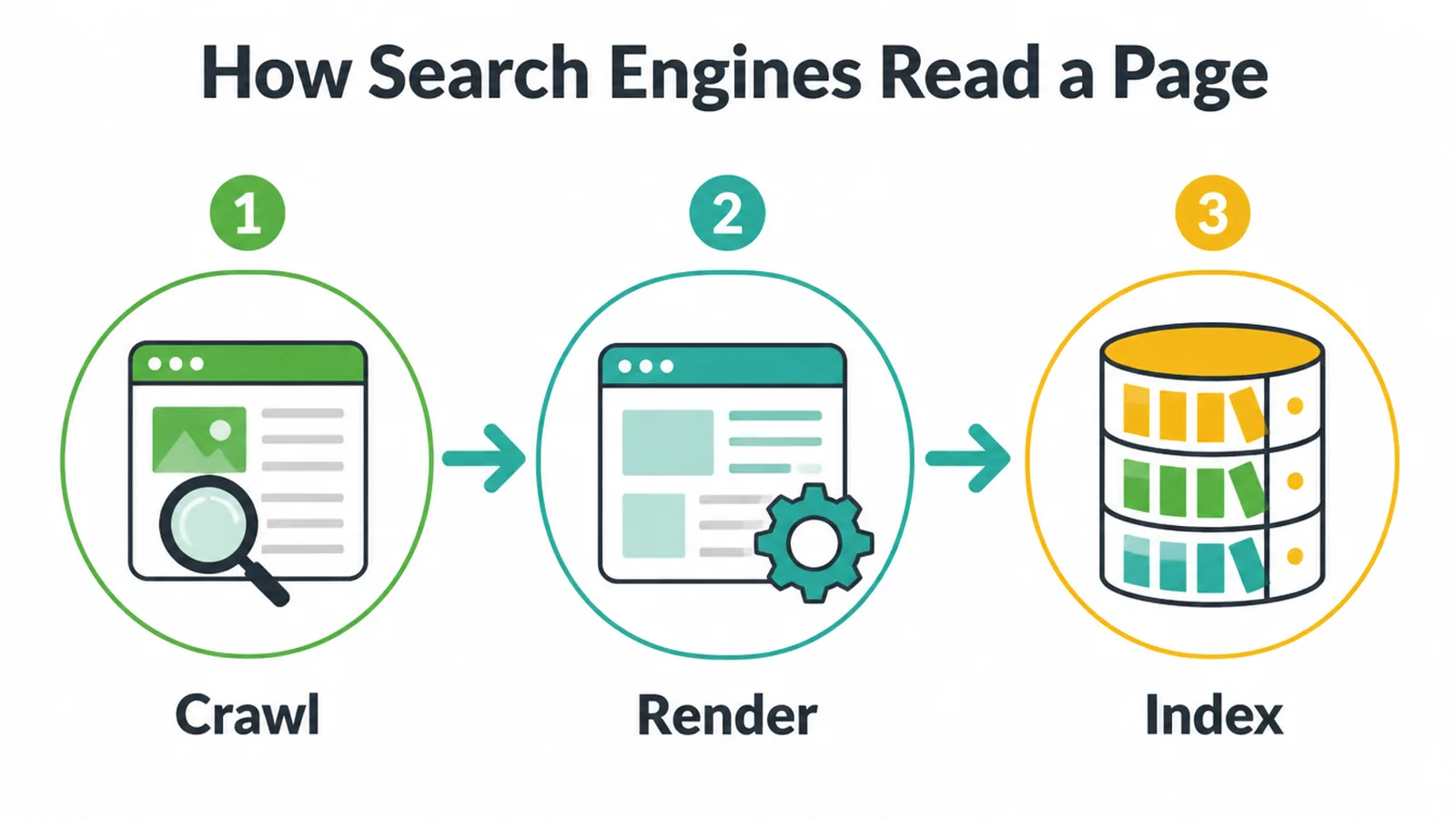 Flow diagram showing a page moving through the crawl, render, and index steps.