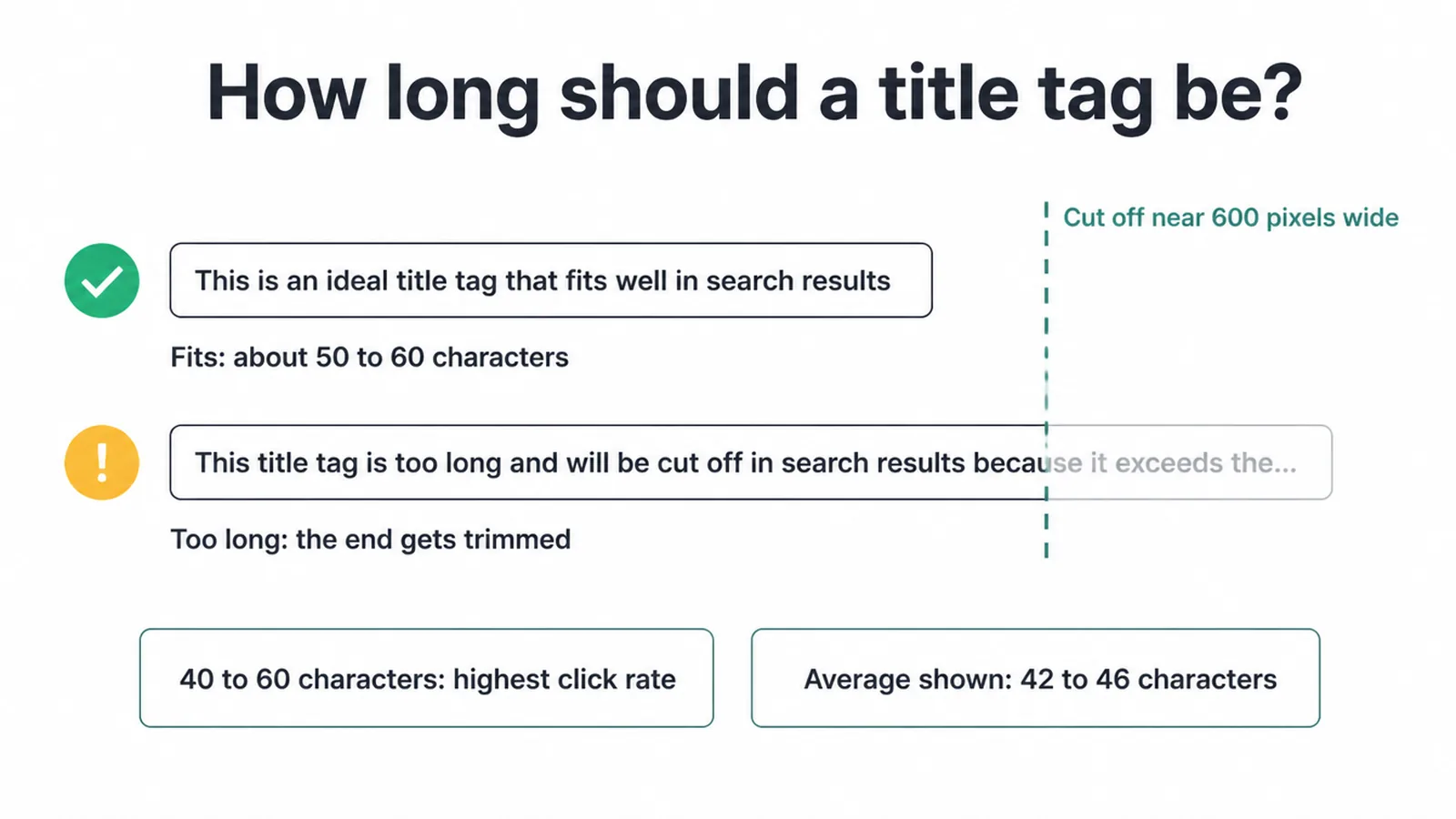 Chart comparing a title that fits the pixel width with a longer title trimmed at the cut-off line.