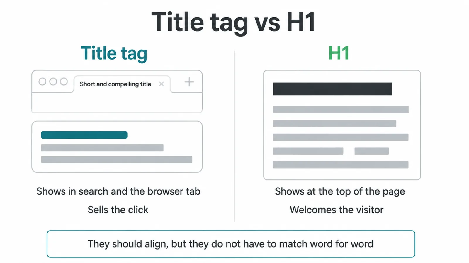 Side by side comparison of the title tag in search and the browser tab with the H1 on the page.