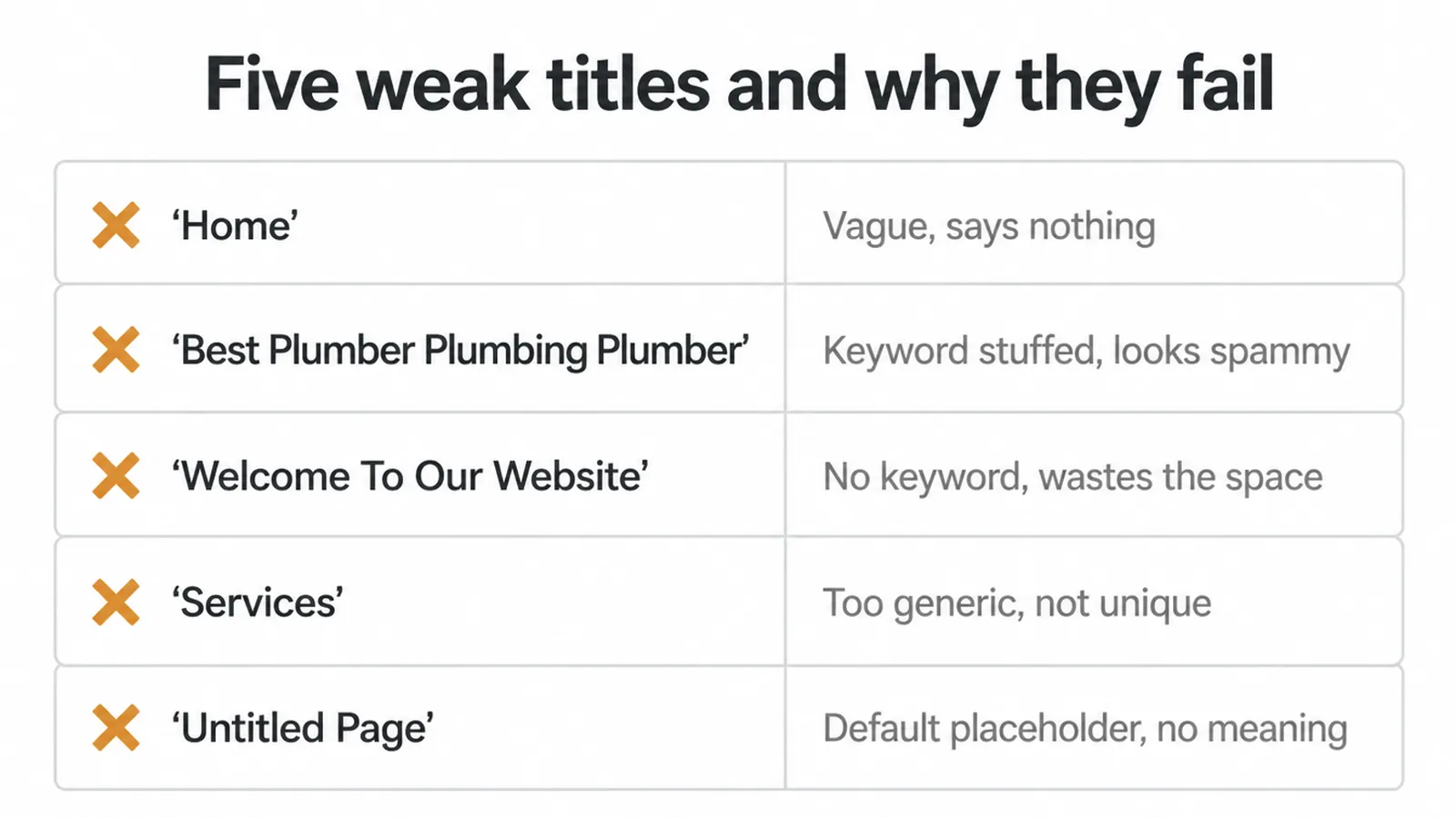 List of five weak page titles with a short reason each one fails in search results.