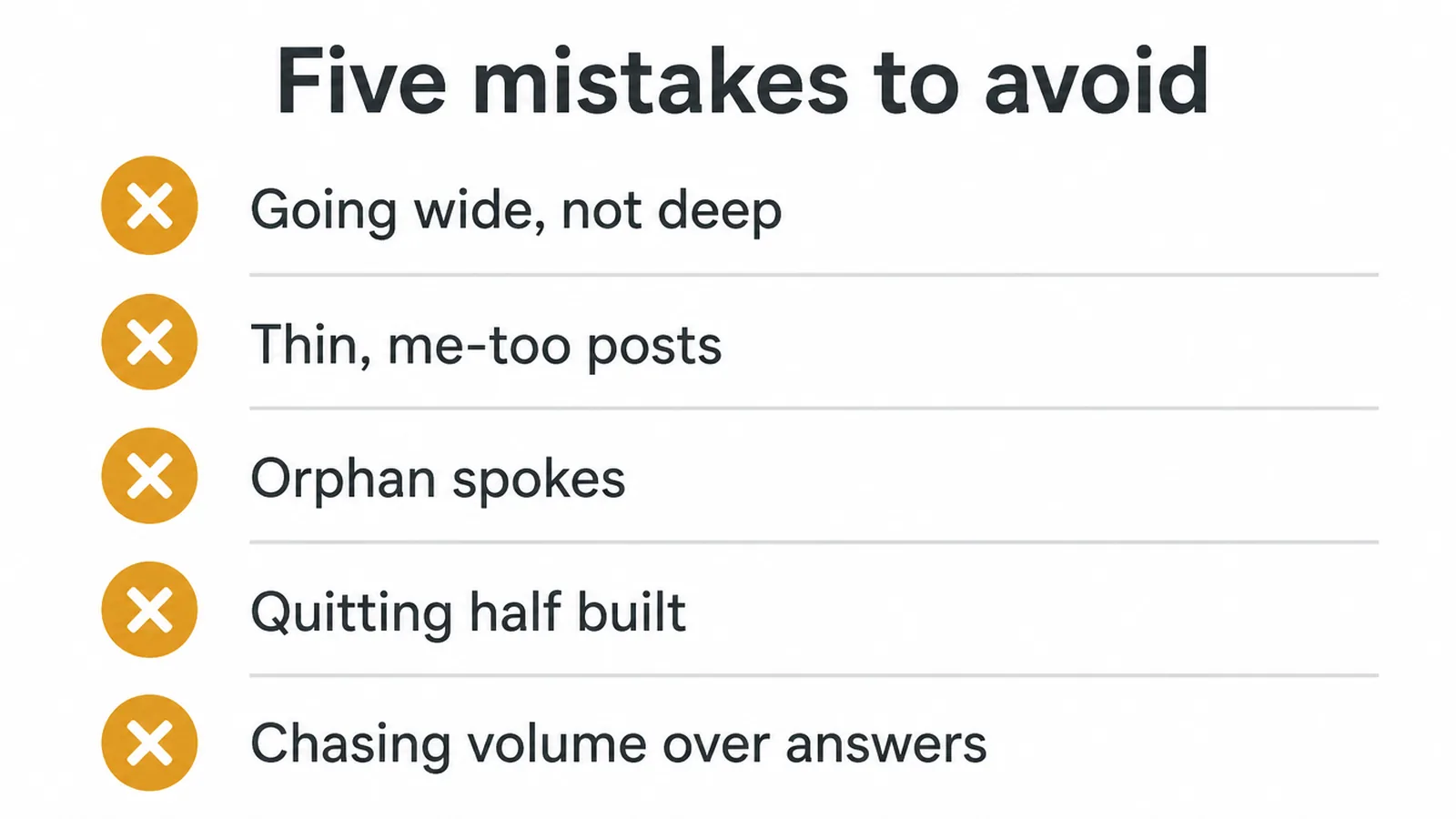 Checklist of five common topical authority mistakes, each marked with a cross.