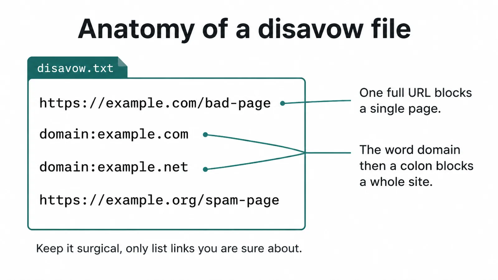 Anatomy of a disavow file showing a single page URL line and a whole domain line.