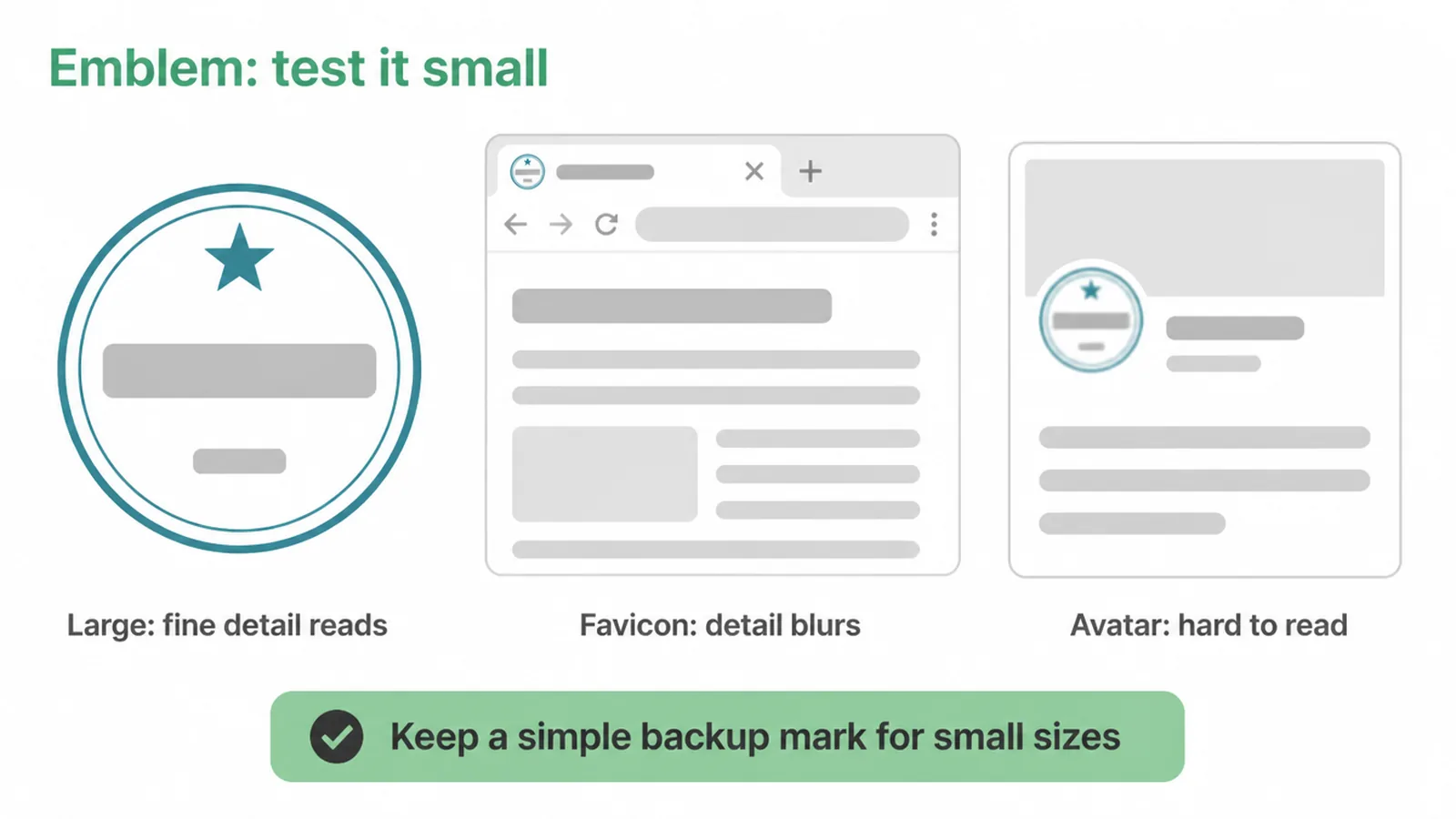 A badge logo shown large, then as a tiny favicon and a small profile avatar