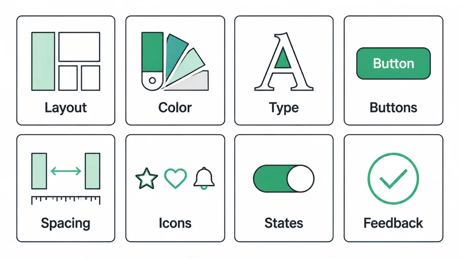 Grid of eight labelled UI building blocks like layout, colour and buttons