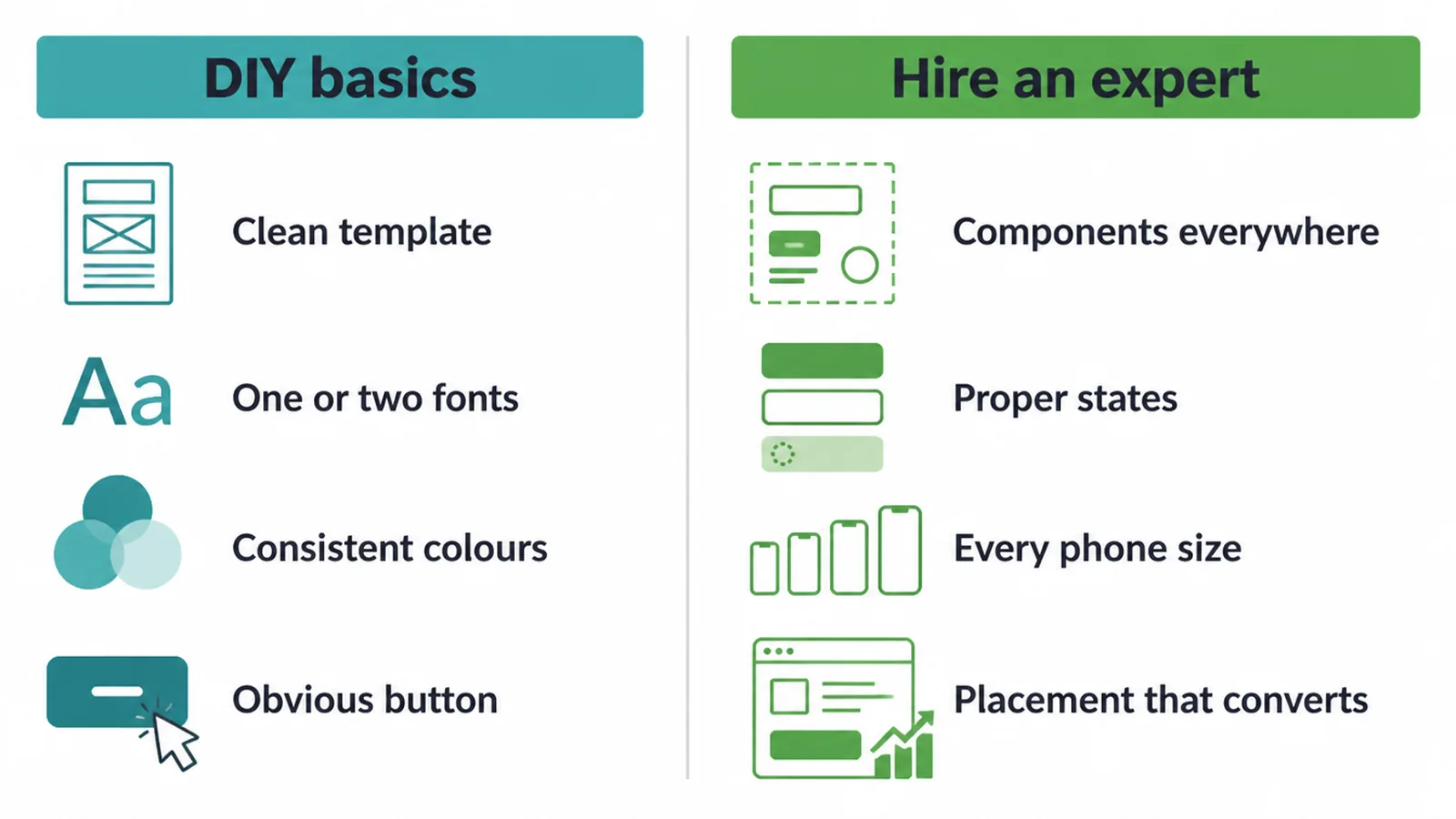 Two-column comparison of DIY UI basics against hiring a UI expert