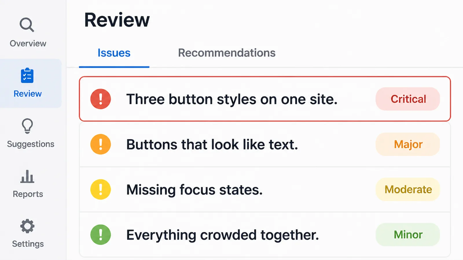 A user interface review screen listing four interface faults with the first outlined in red