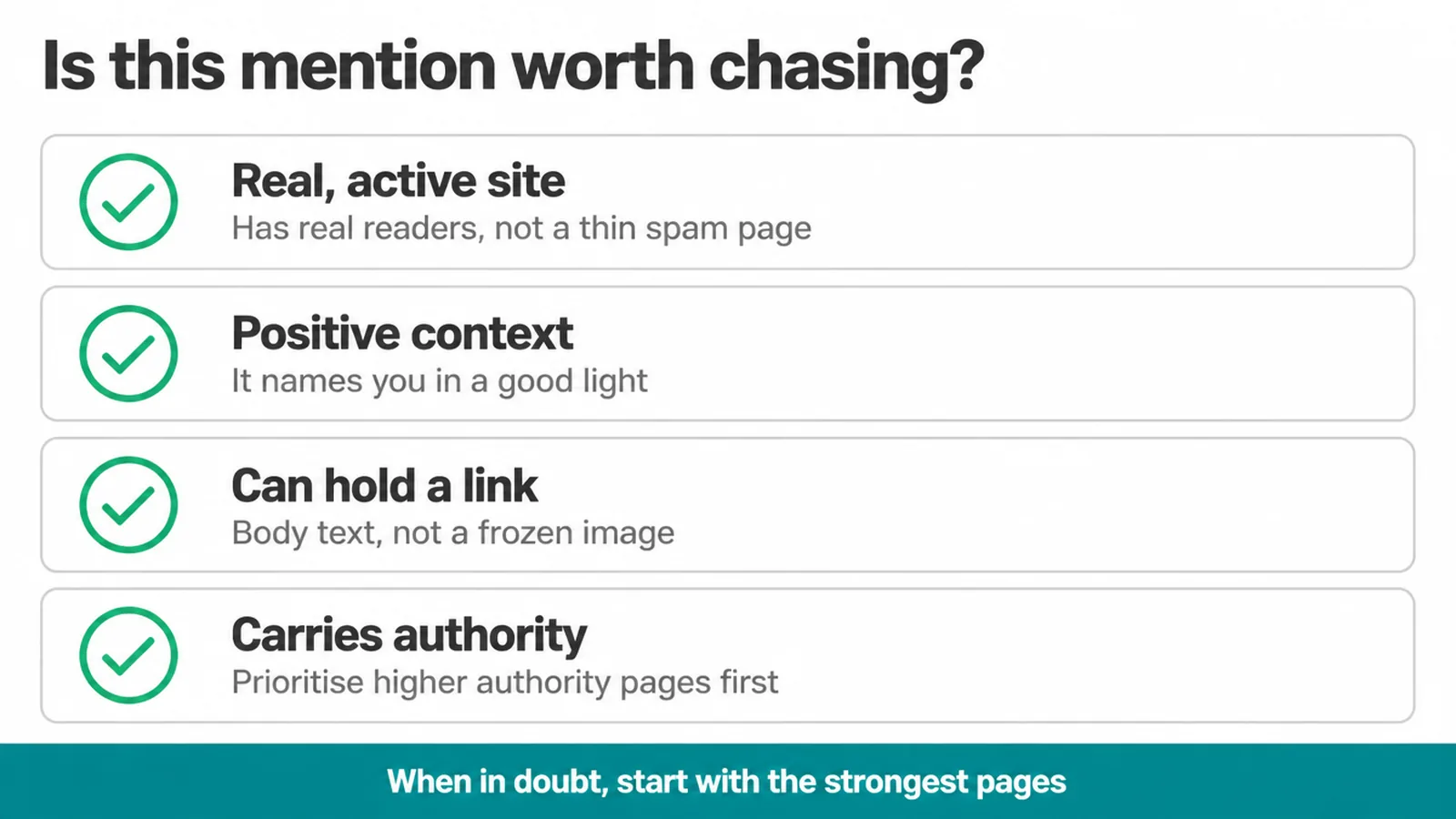 Checklist of four tests: real active site, positive context, can hold a link, carries authority.