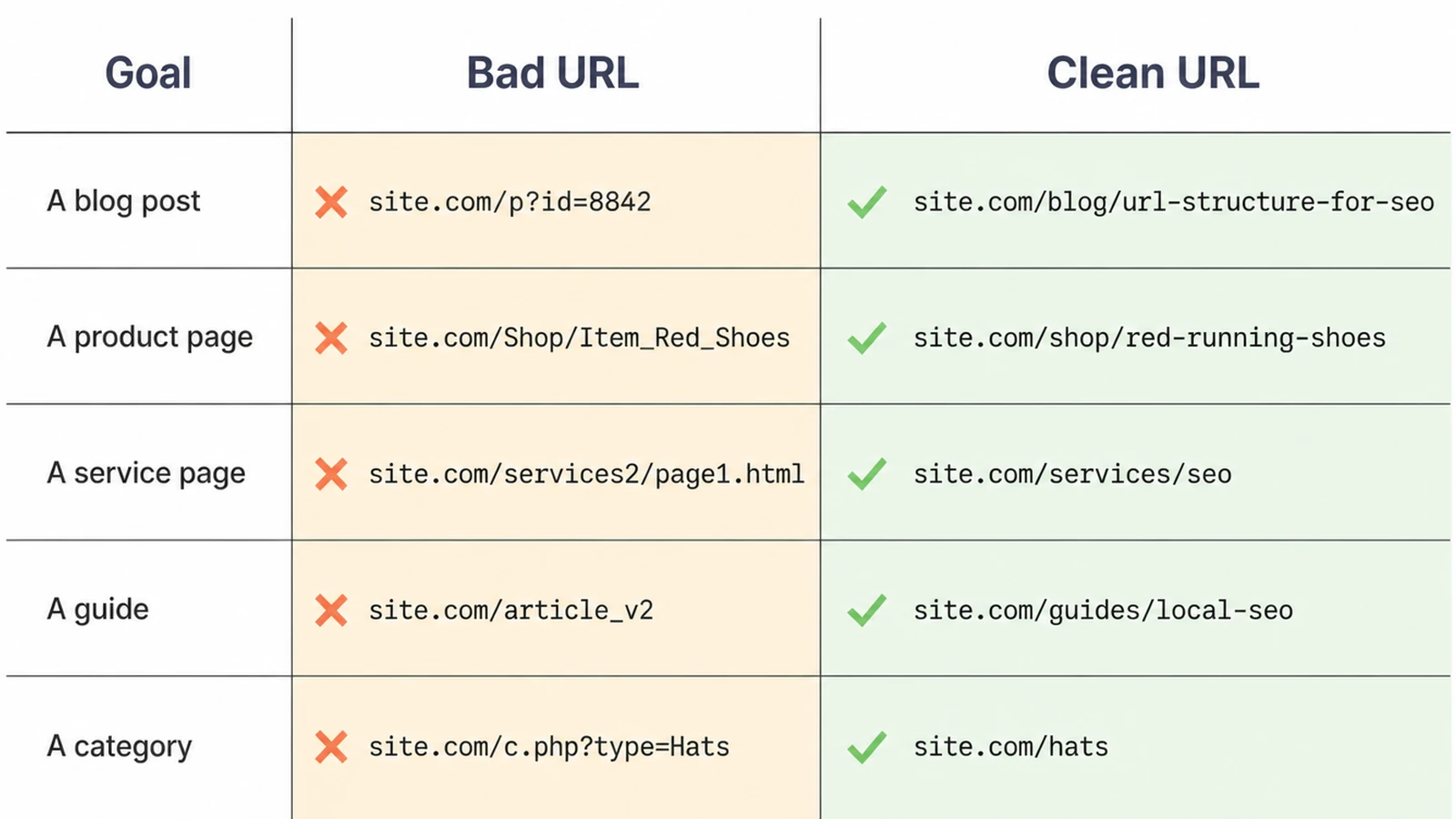 Table comparing five messy web addresses with their clean readable versions.