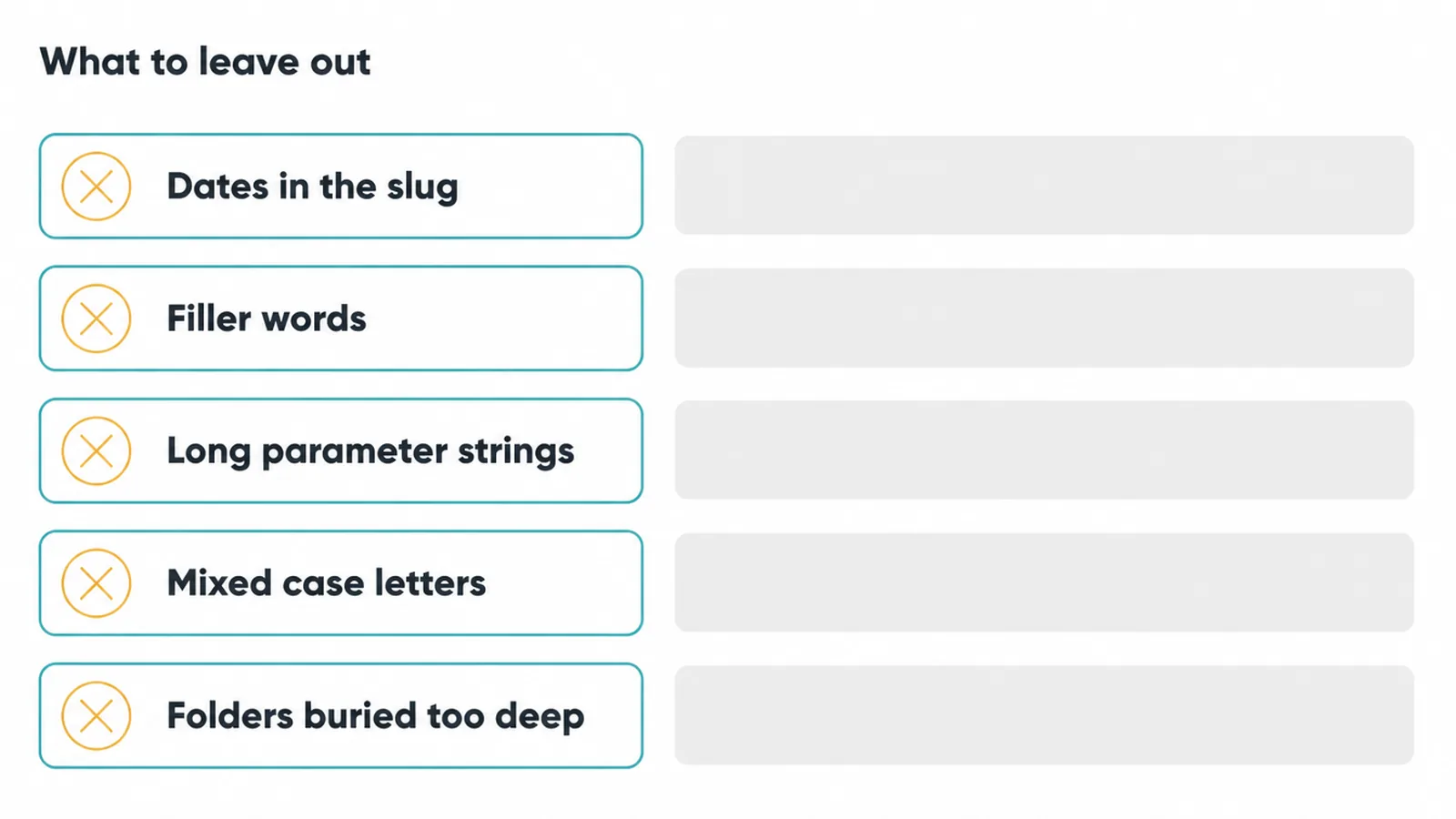 List of five things to leave out of a URL, from dates to folders buried too deep.