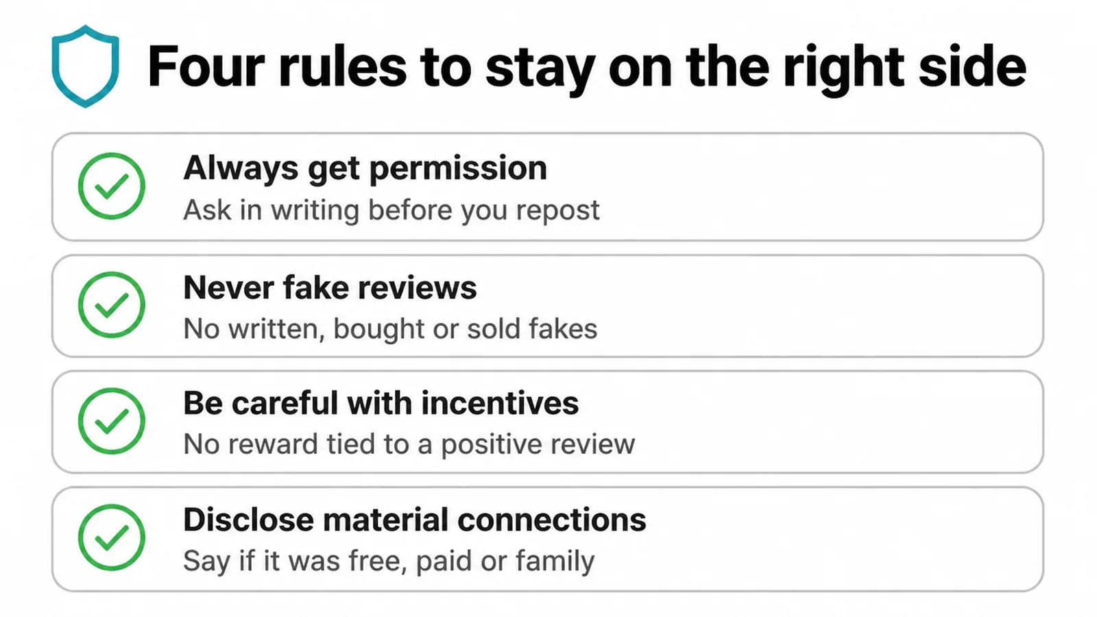Checklist of four rules: get permission, no fake reviews, careful incentives, disclose connections.