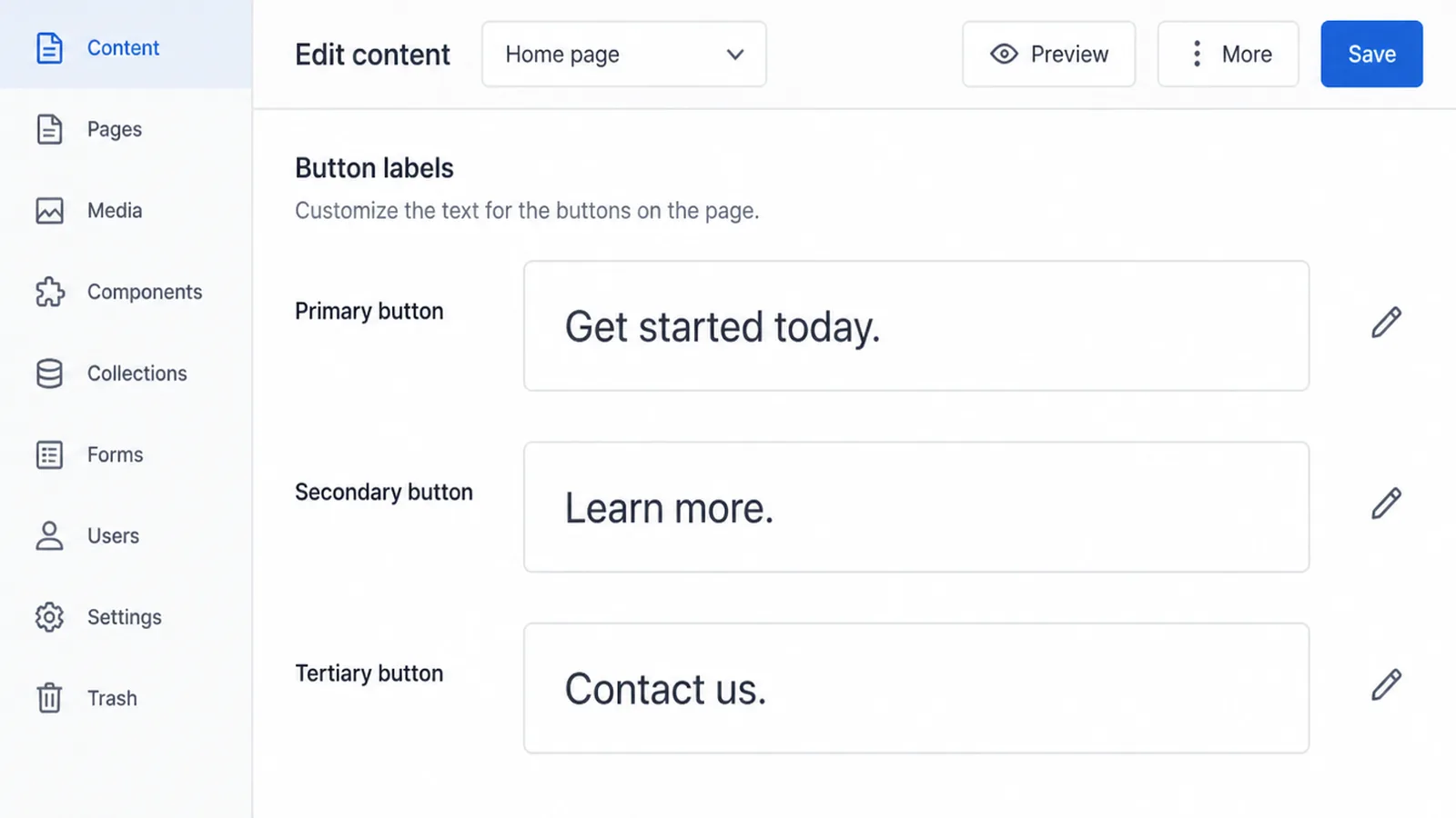 A content editor screen with three button label fields being renamed