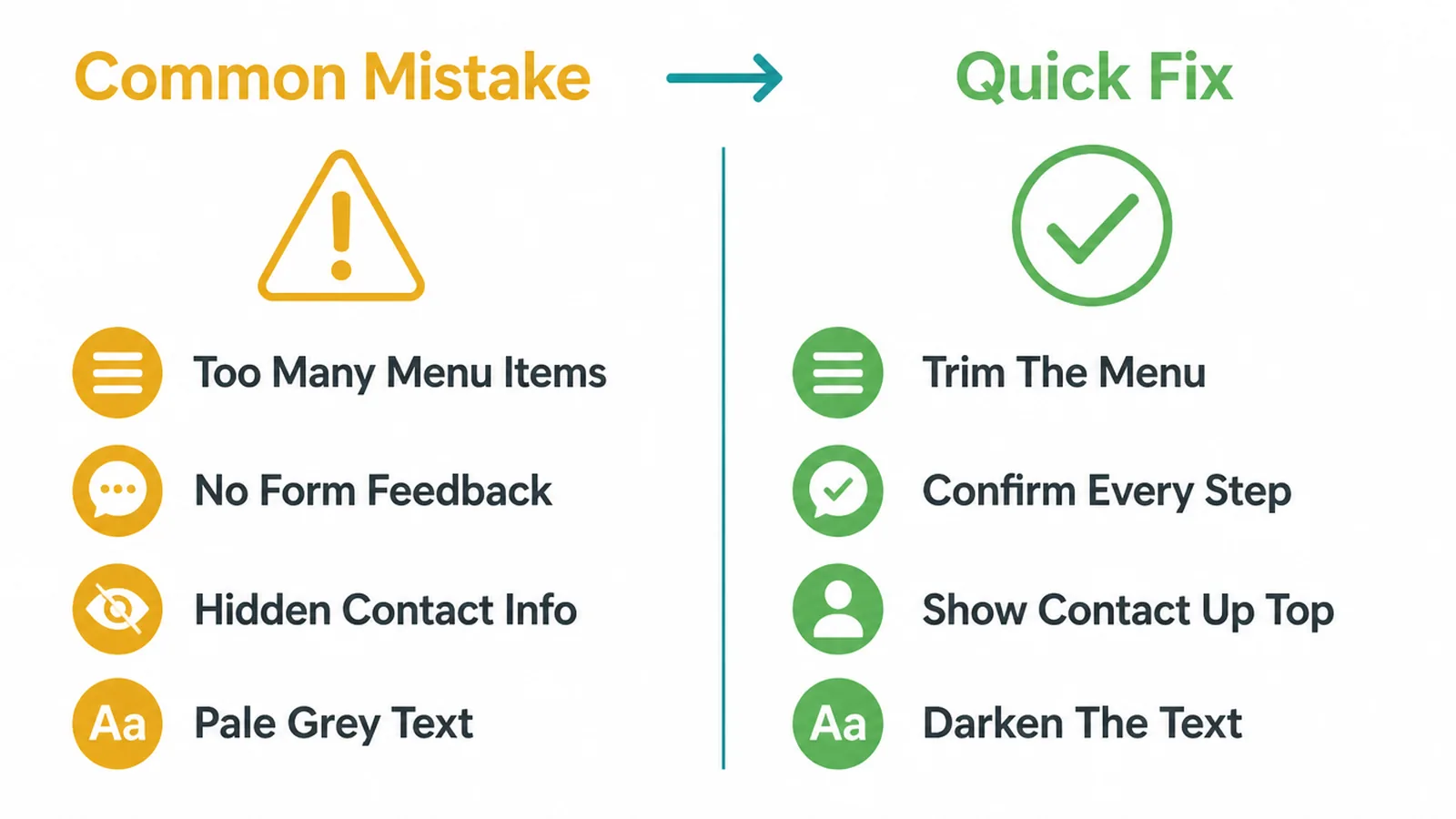 A side by side list of common small business site mistakes next to the quick fix for each one.