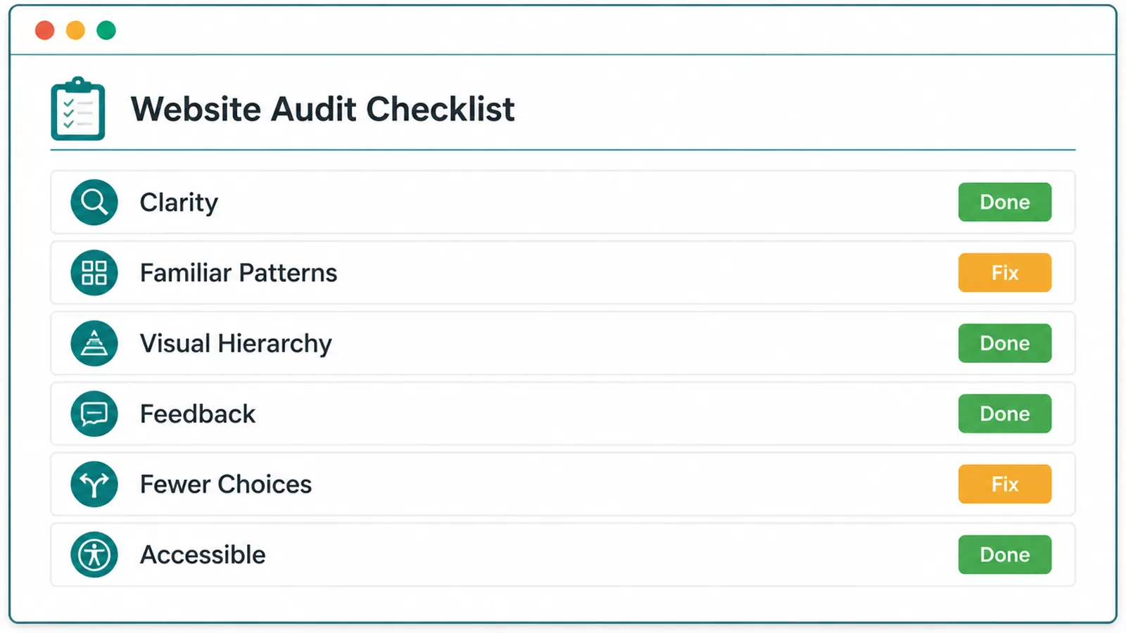 A website audit checklist screen with each UX principle marked as done or needing a fix.