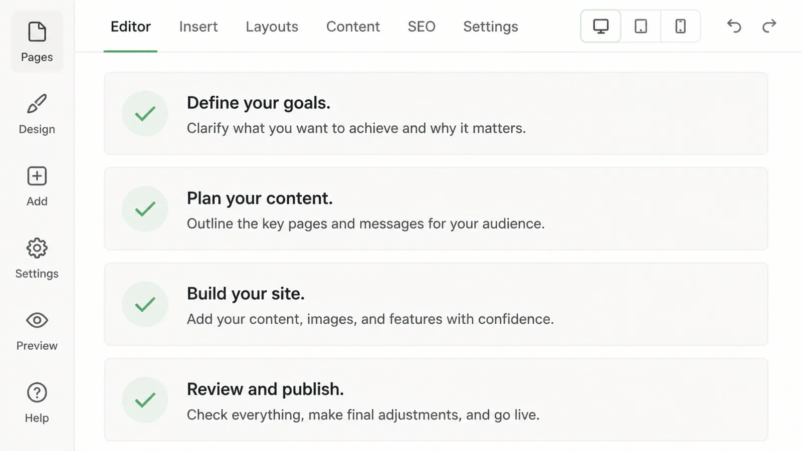 A website editor showing four completed task cards in one column