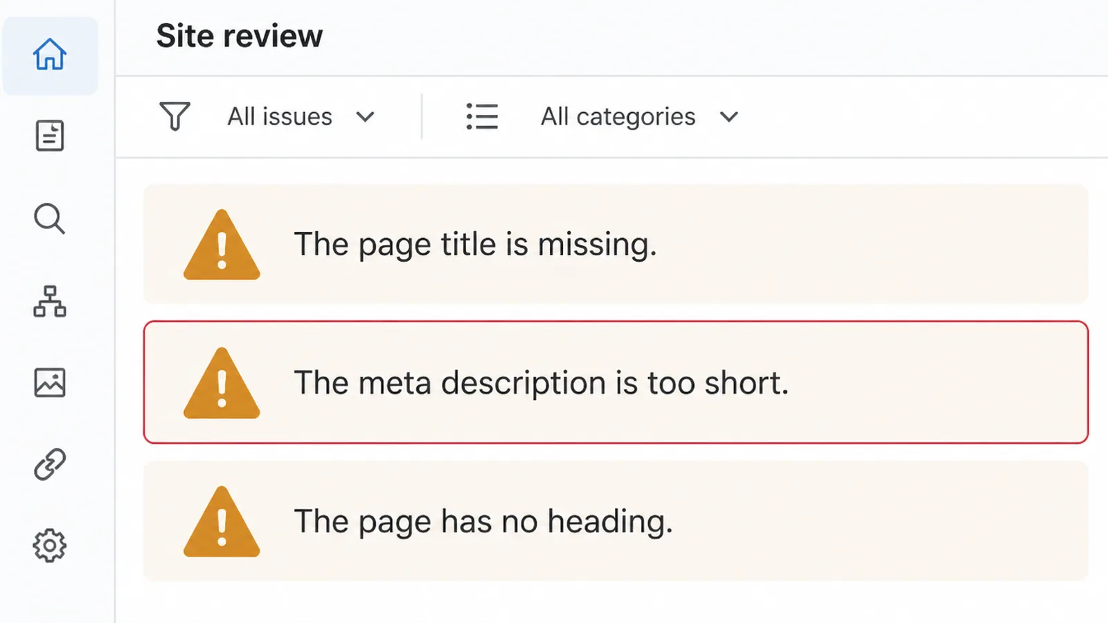 A site review screen listing three plain language warnings, one outlined in red