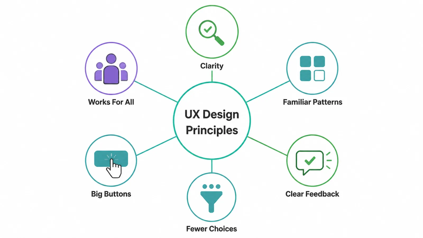 A hub diagram branching UX principles into clarity, feedback, fewer choices and accessibility.