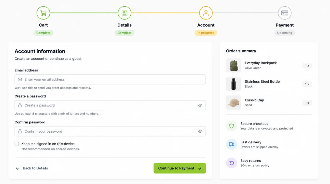 A checkout screen with a four step bar reading Cart, Details, Account and Payment, the Account step flagged in progress