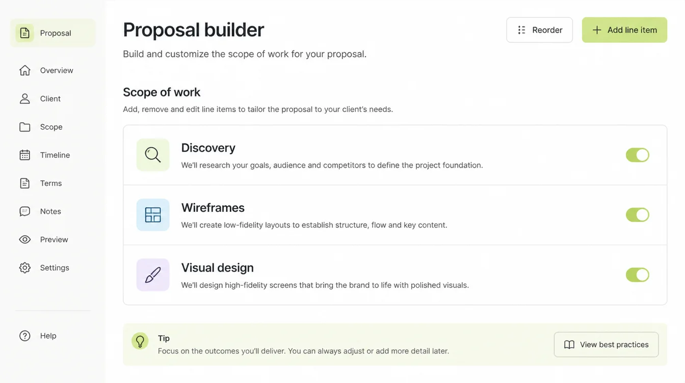 A proposal builder listing three scope items headed Discovery, Wireframes and Visual design with no price column