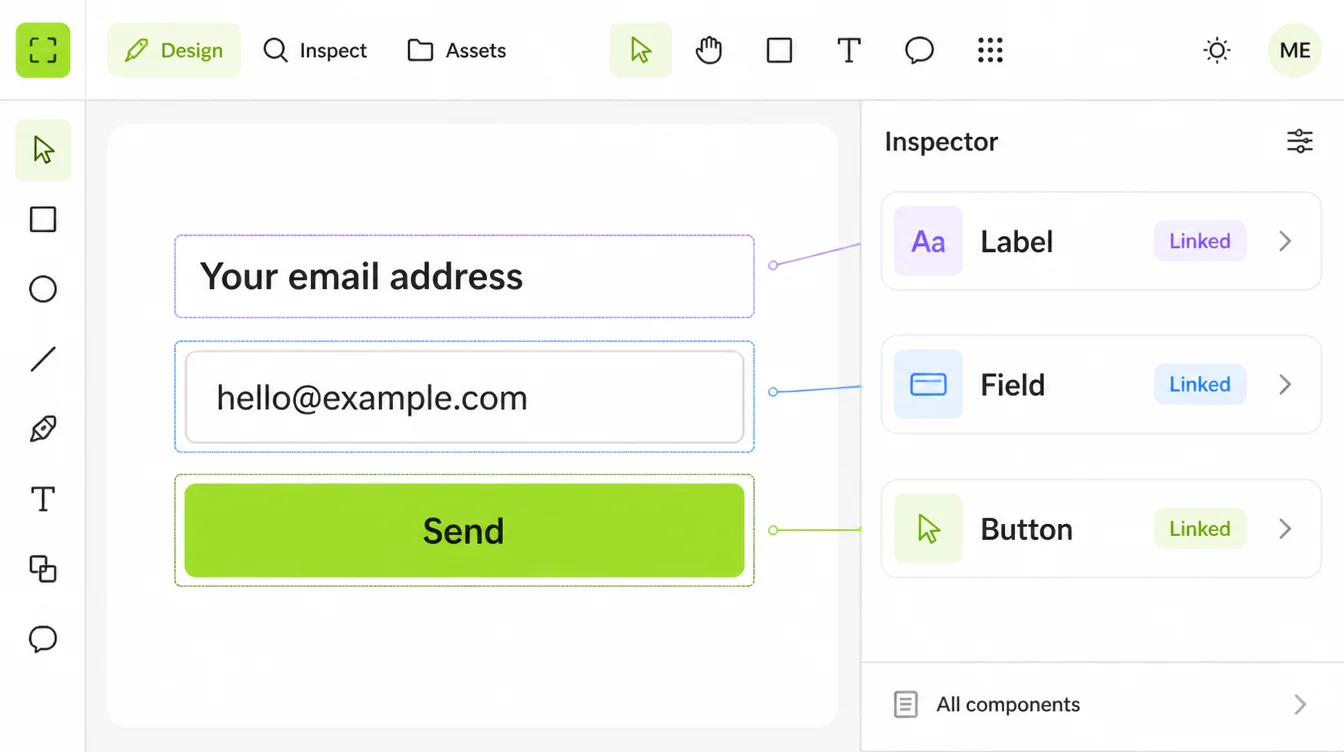 A design tool inspector linking a form to three named parts reading Label, Field and Button