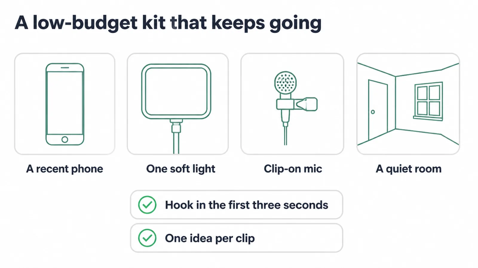 A phone, one soft light, a clip-on mic and a quiet room, with two filming rules