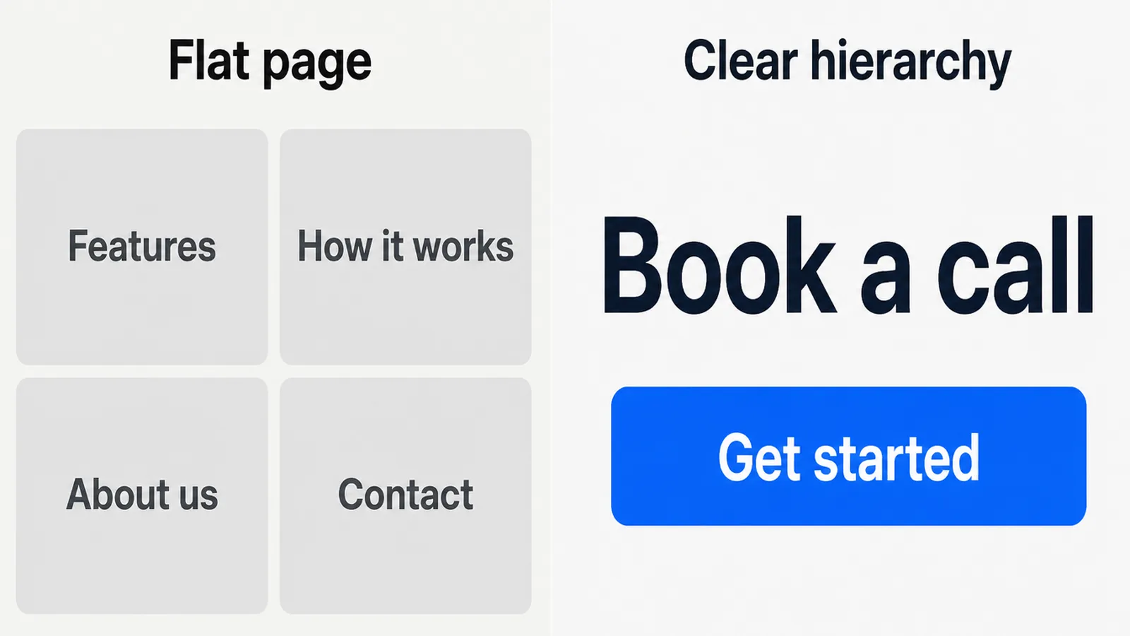 A flat page of identical blocks beside a page with one large heading and one bright button