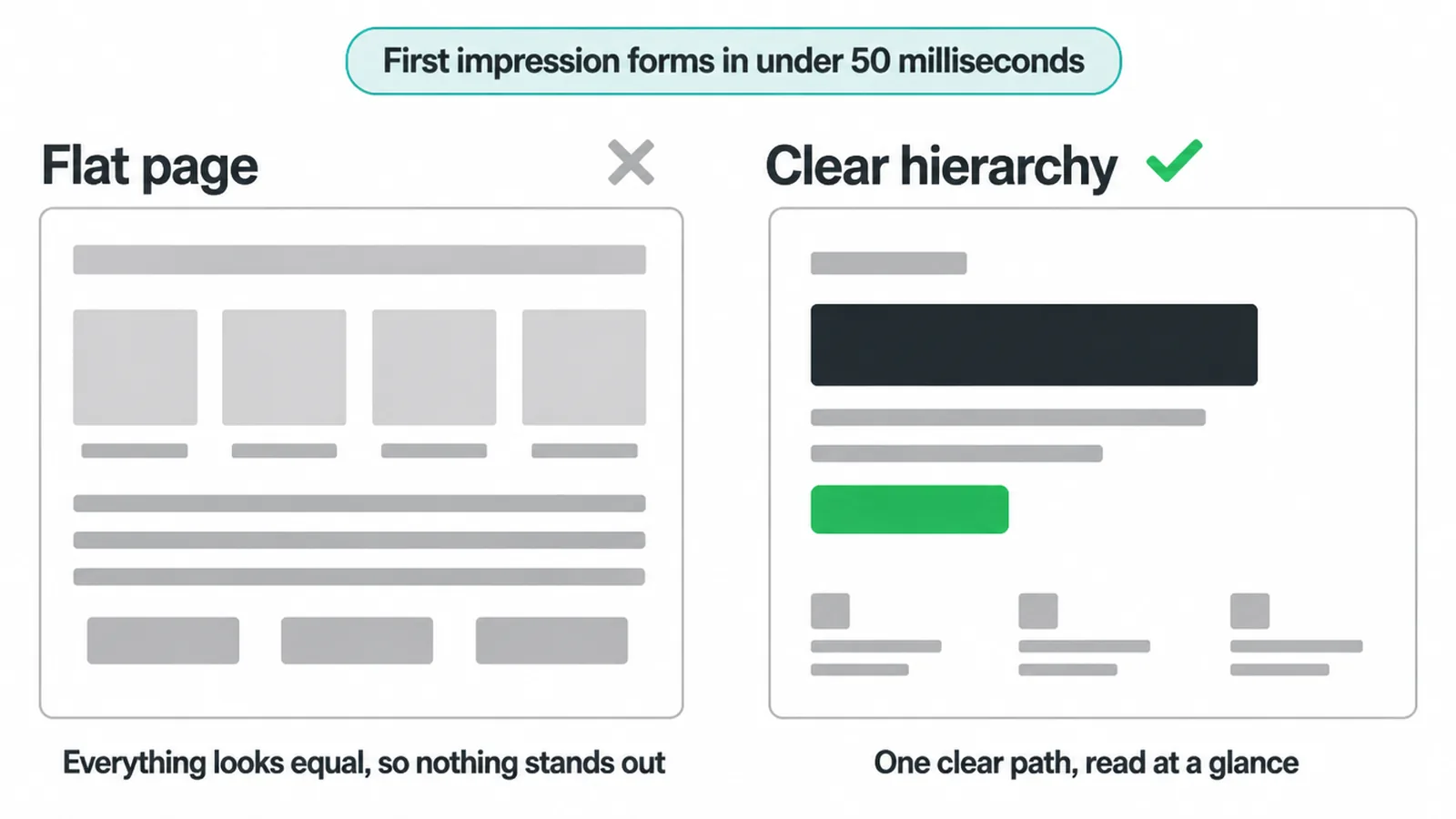 Side by side wireframes comparing a flat page with a page that has clear visual hierarchy.