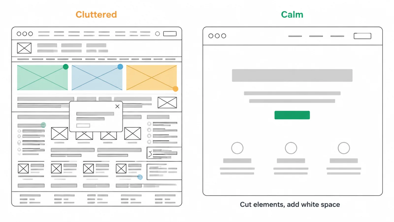 Side by side wireframes comparing a cluttered page layout with a calm, spacious one