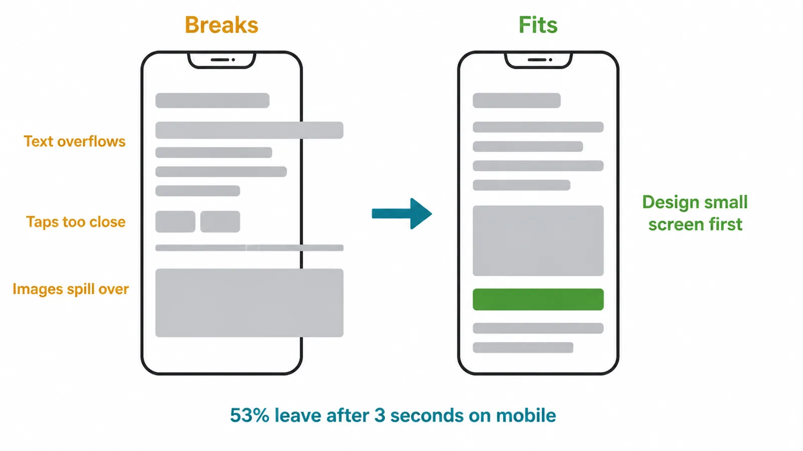 Phone wireframes comparing a layout that overflows the screen with one that fits