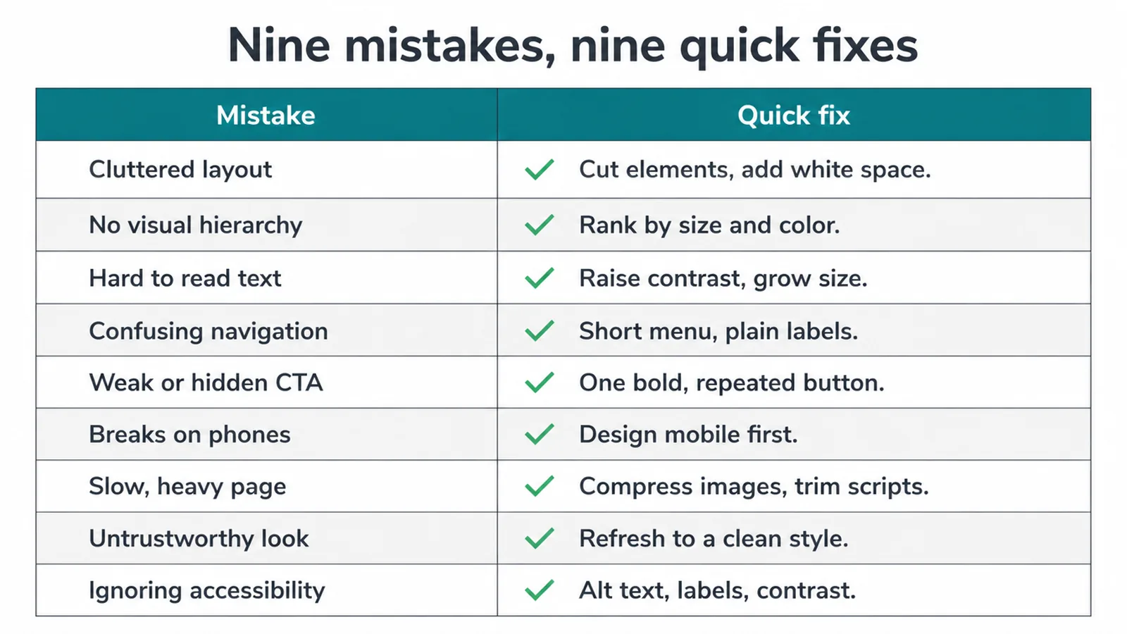 Table listing the nine web design mistakes beside the quick fix for each one