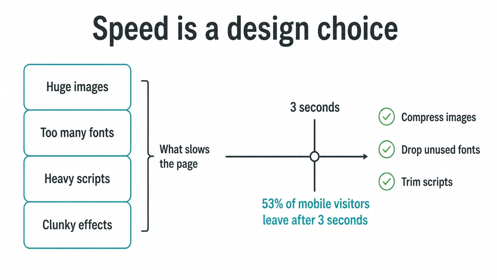 Diagram of what slows a page down and the three second point where mobile visitors leave
