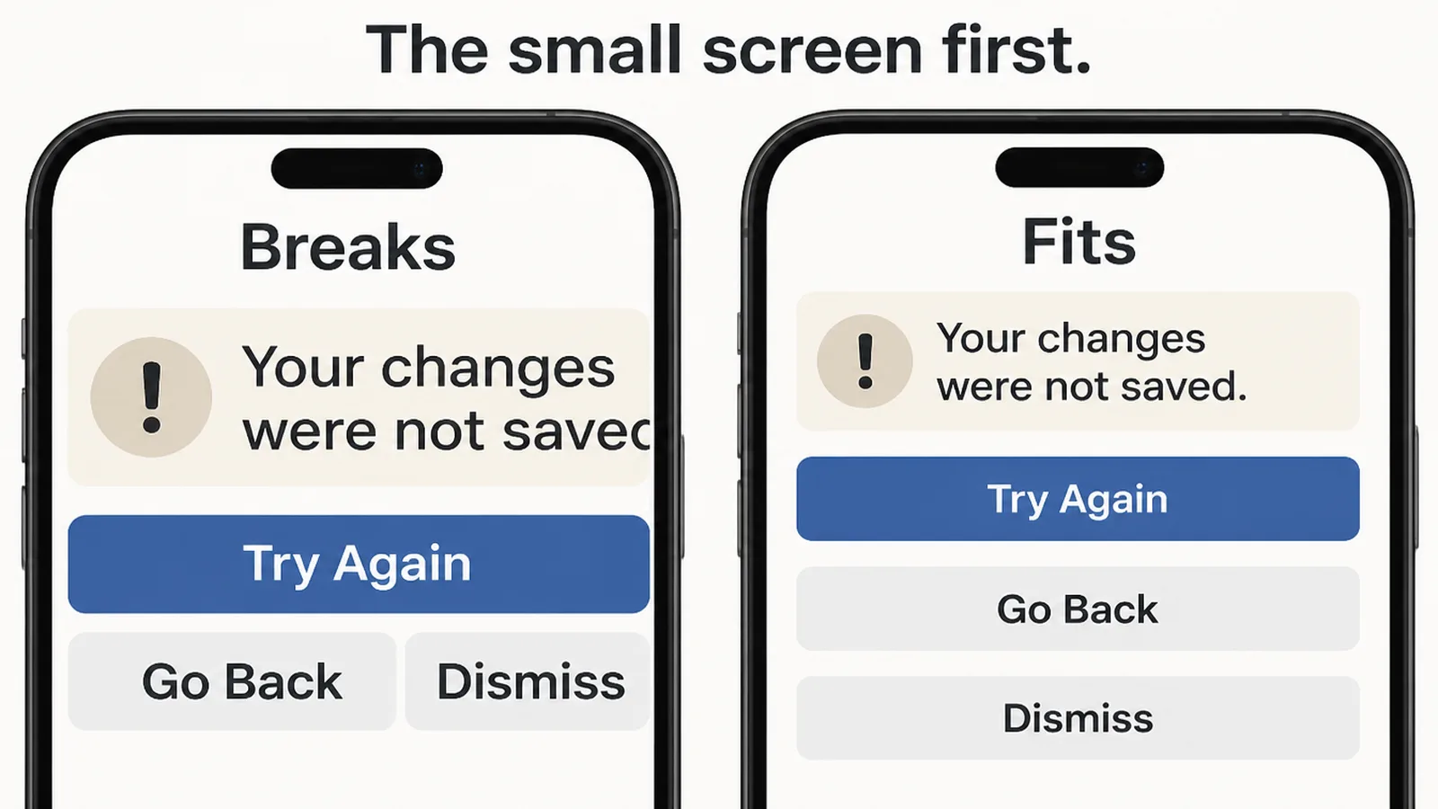 Two phone screens side by side, one with text running off the edge and crowded buttons, the other tidy and well spaced
