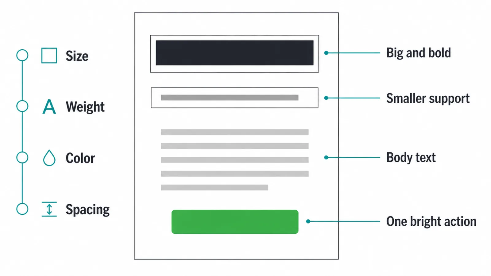 Page wireframe showing a big heading, smaller support text and one bright action button