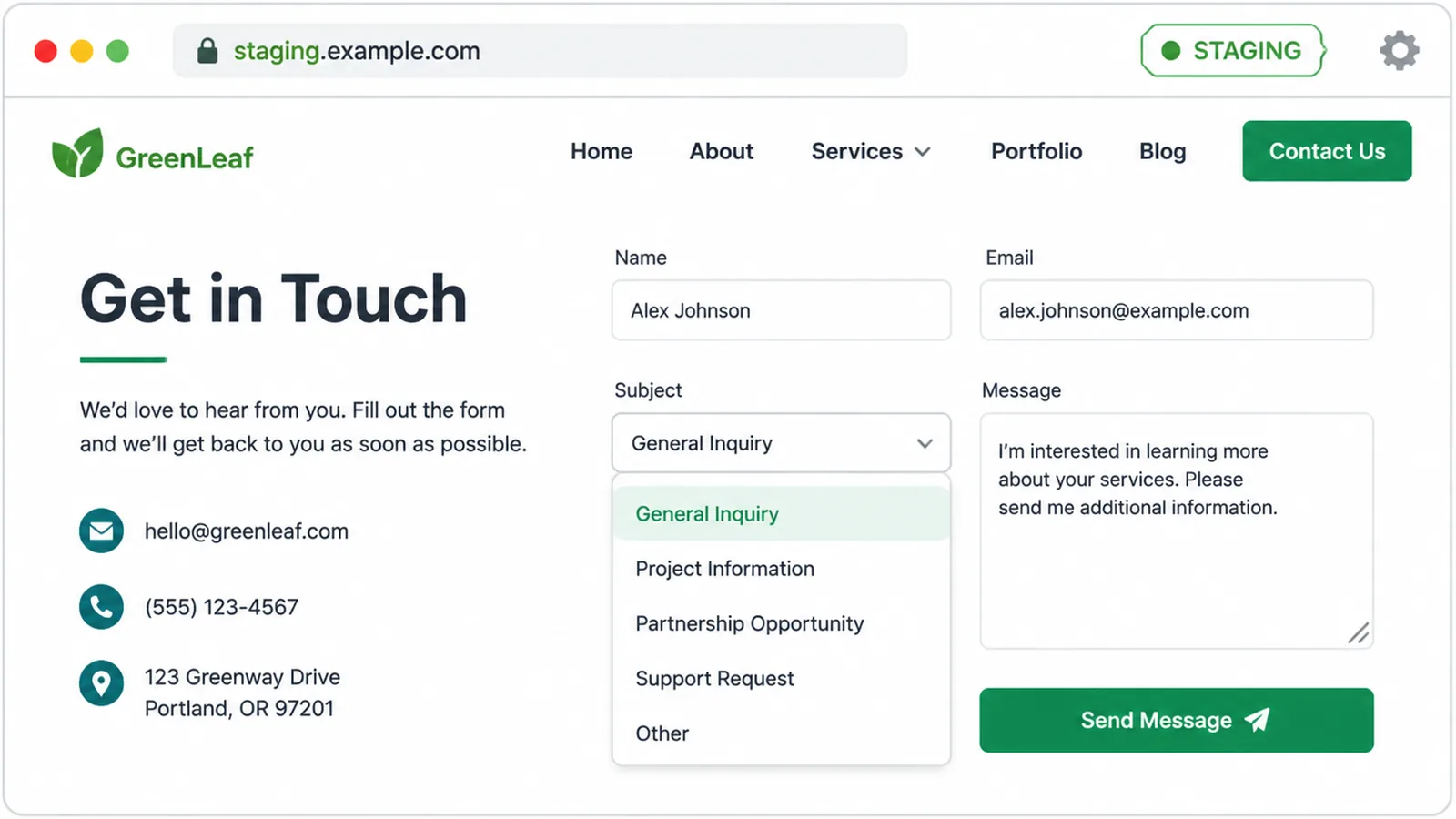 A staging screen of a website in progress with a working contact form and menu.