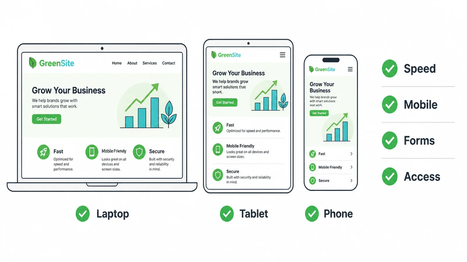 The same website shown on a laptop, tablet, and phone with a speed, mobile, forms, and access checklist.