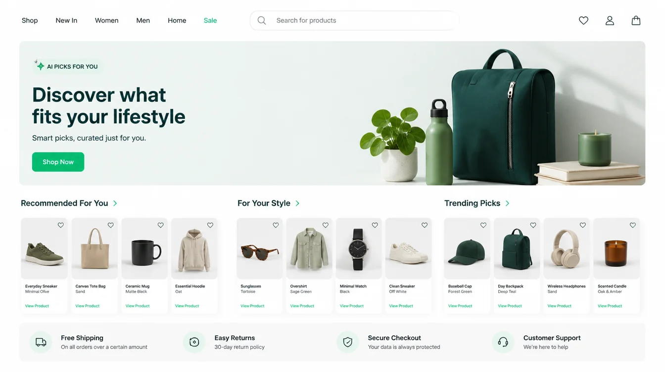 Website homepage mockup with an AI picks for you banner and personalized product recommendation rows