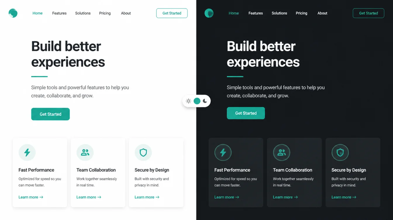 Website homepage shown side by side in light mode and dark mode with a toggle switch in the middle