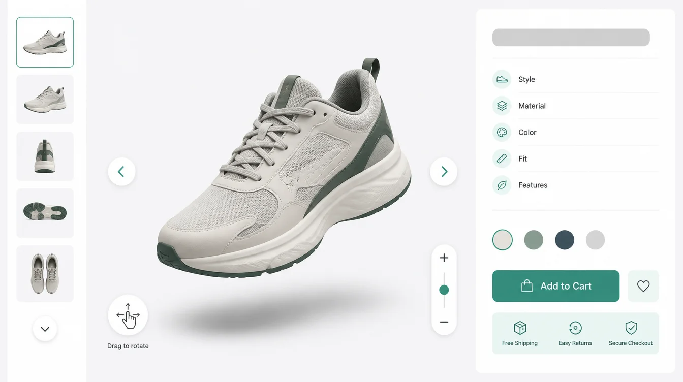Product page interface showing a rotatable 3D shoe render with zoom and rotate controls