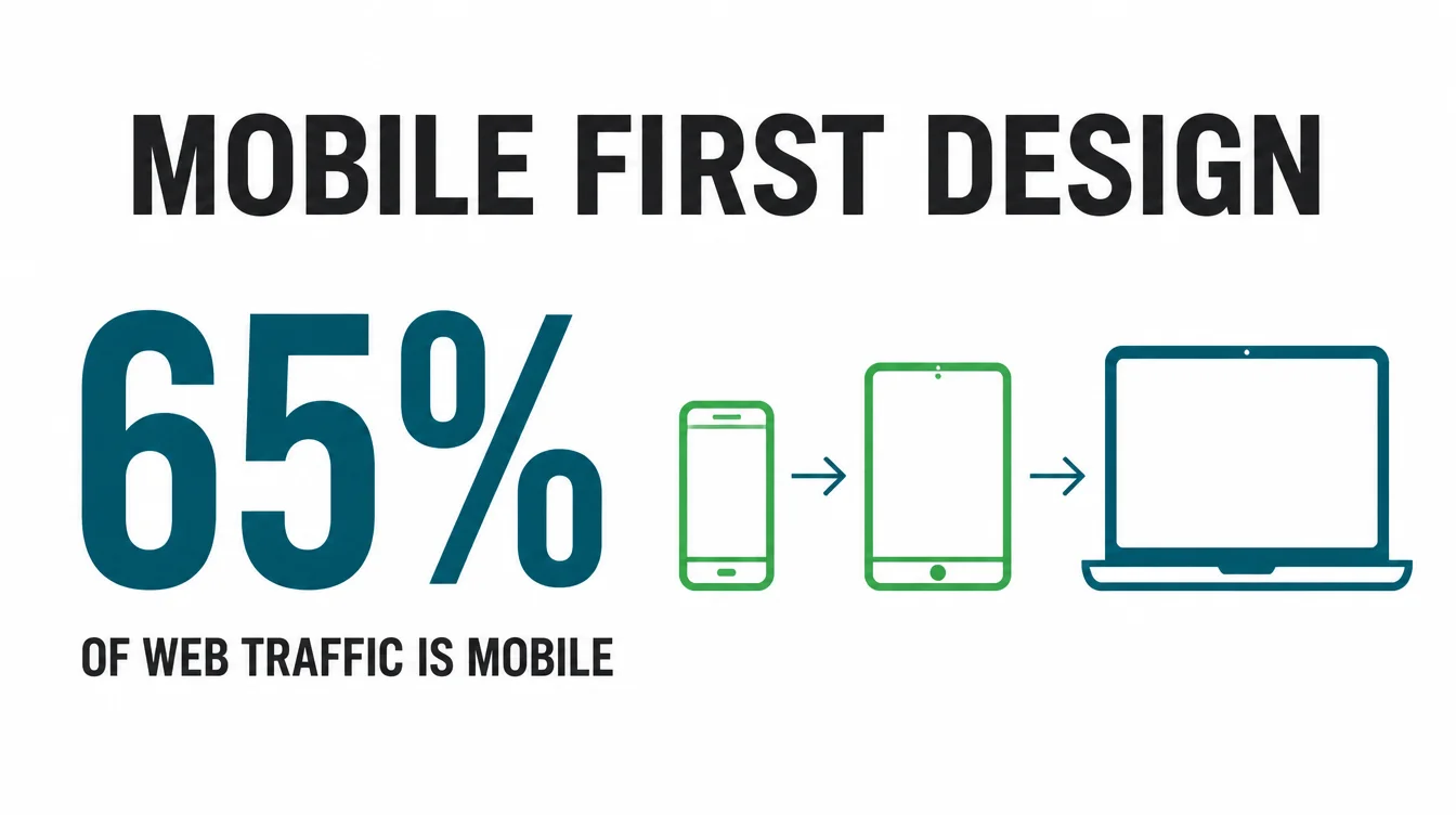 Infographic showing 65 percent of web traffic is mobile with phone, tablet, and laptop icons scaling up