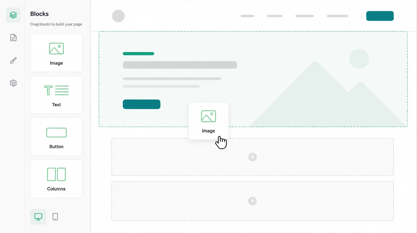 Drag and drop website builder interface with a blocks sidebar and a page being assembled on the canvas