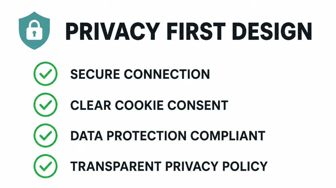 Infographic checklist covering secure connection, cookie consent, data protection, and privacy policy