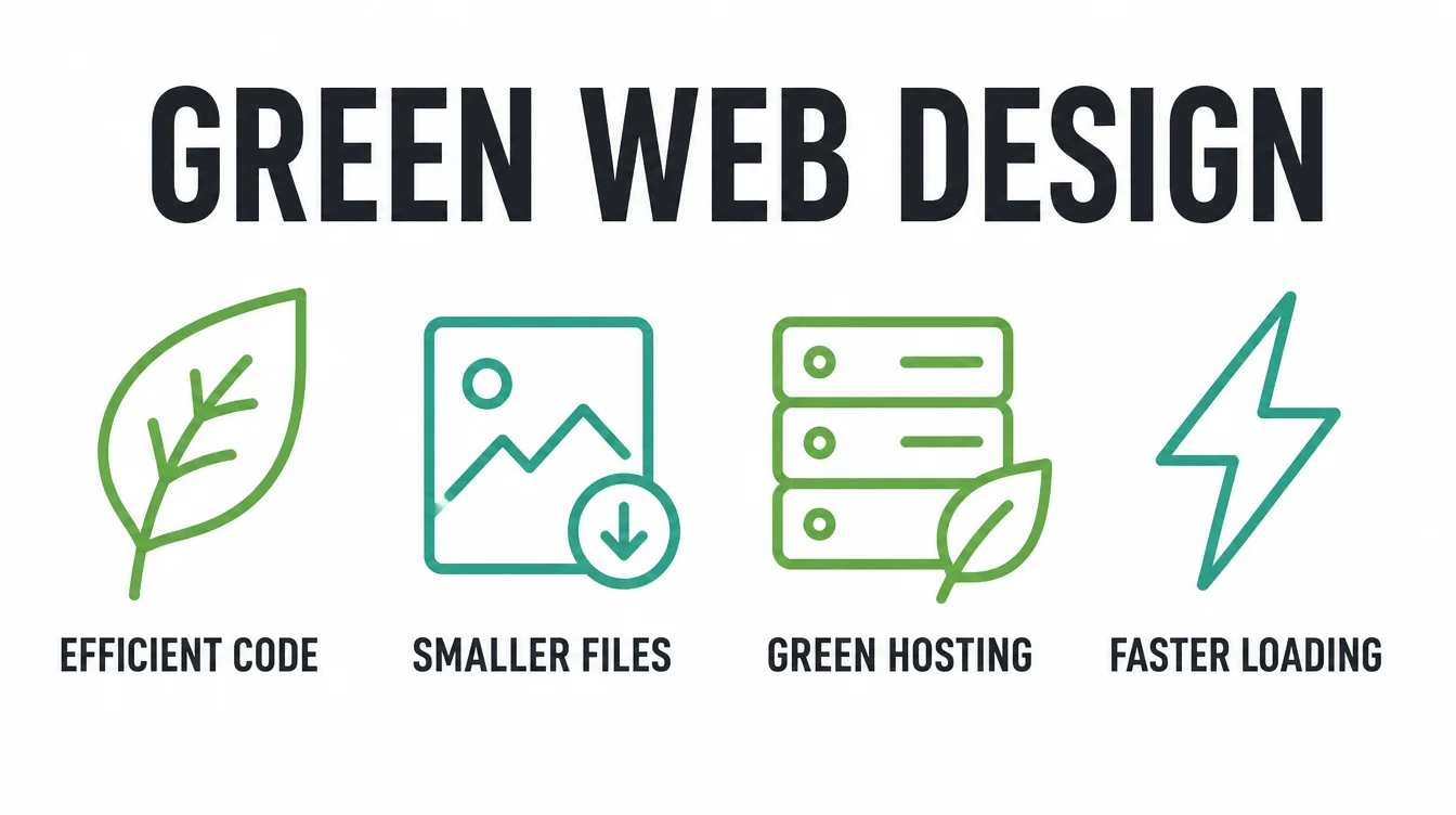 Infographic showing four icons for efficient code, smaller files, green hosting, and faster loading